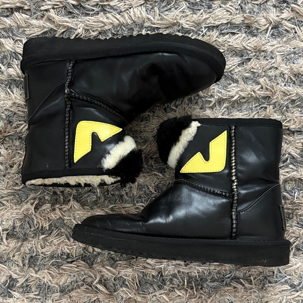 Fendi Black Leather Shearling Bag Bugs Monster Eye Ankle Boots 35.5 - Picture 8 of 13